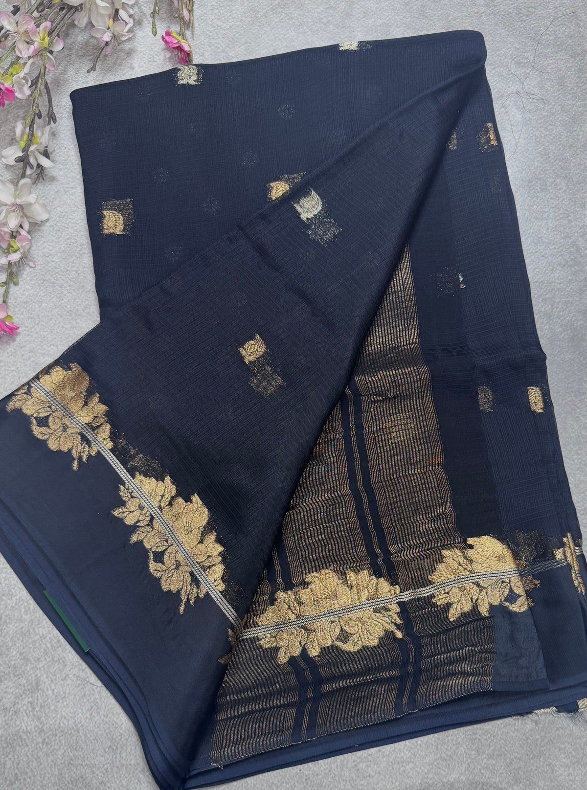 Black small butta kota checks satin border saree 112
