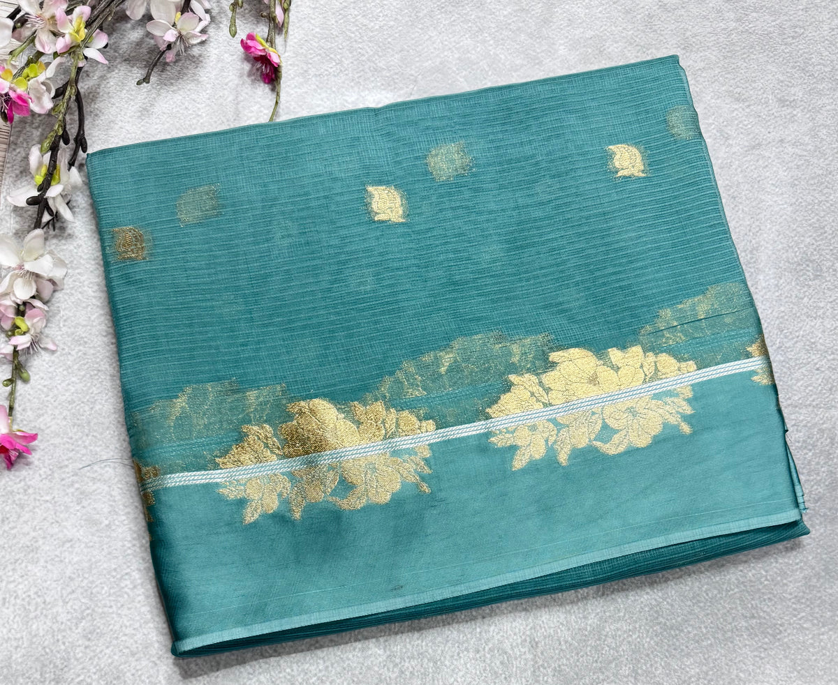 Sea blue small butta kota checks satin border saree 112