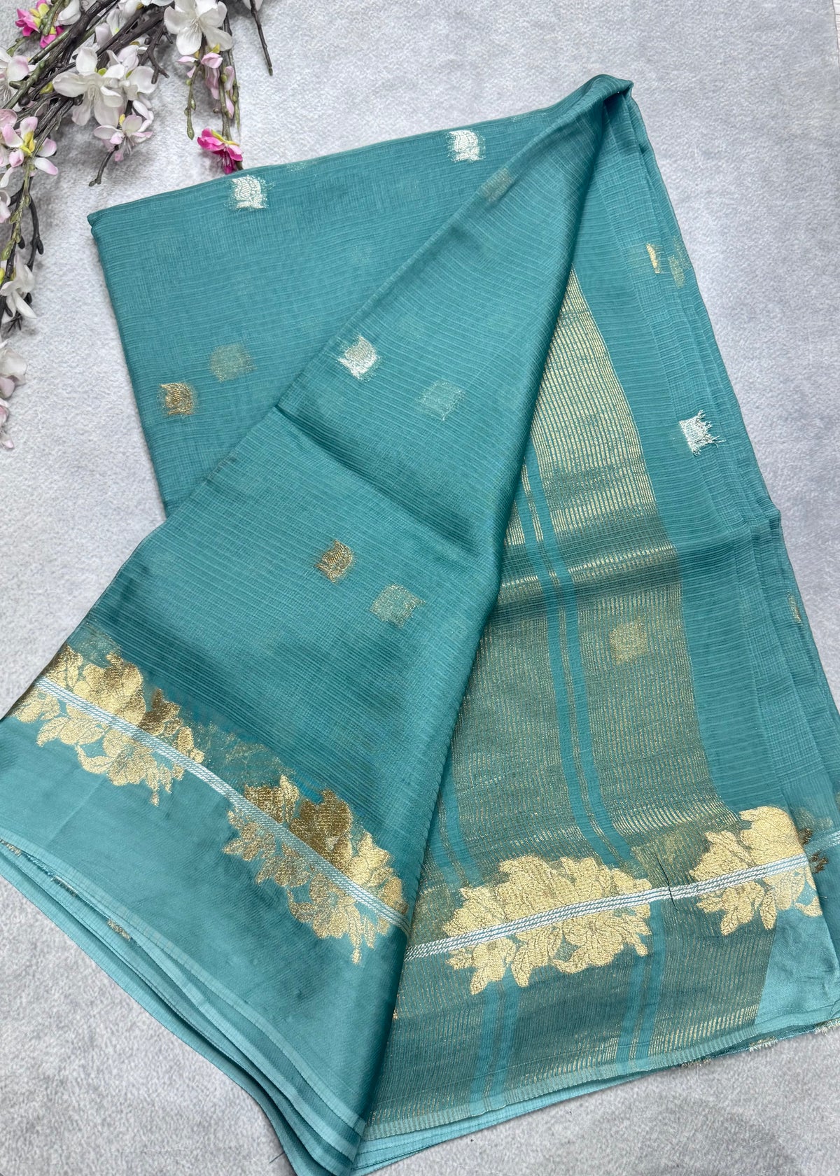 Sea blue small butta kota checks satin border saree 112