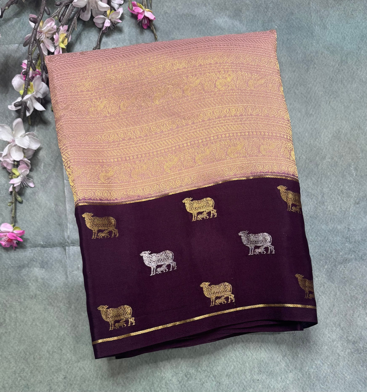 Peach Brocade Pure Mysore Crepe Silk Saree 111