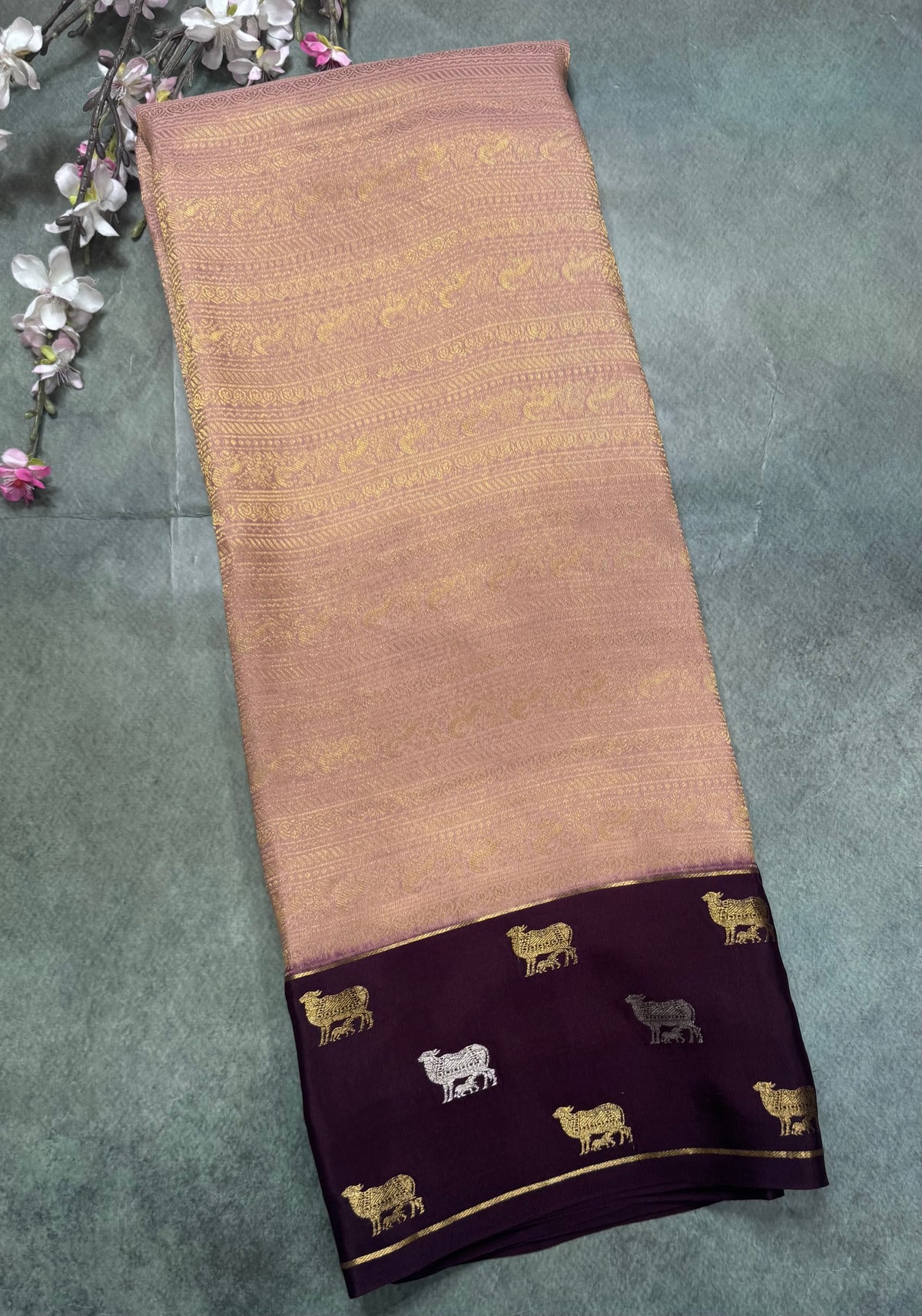 Peach Brocade Pure Mysore Crepe Silk Saree 111