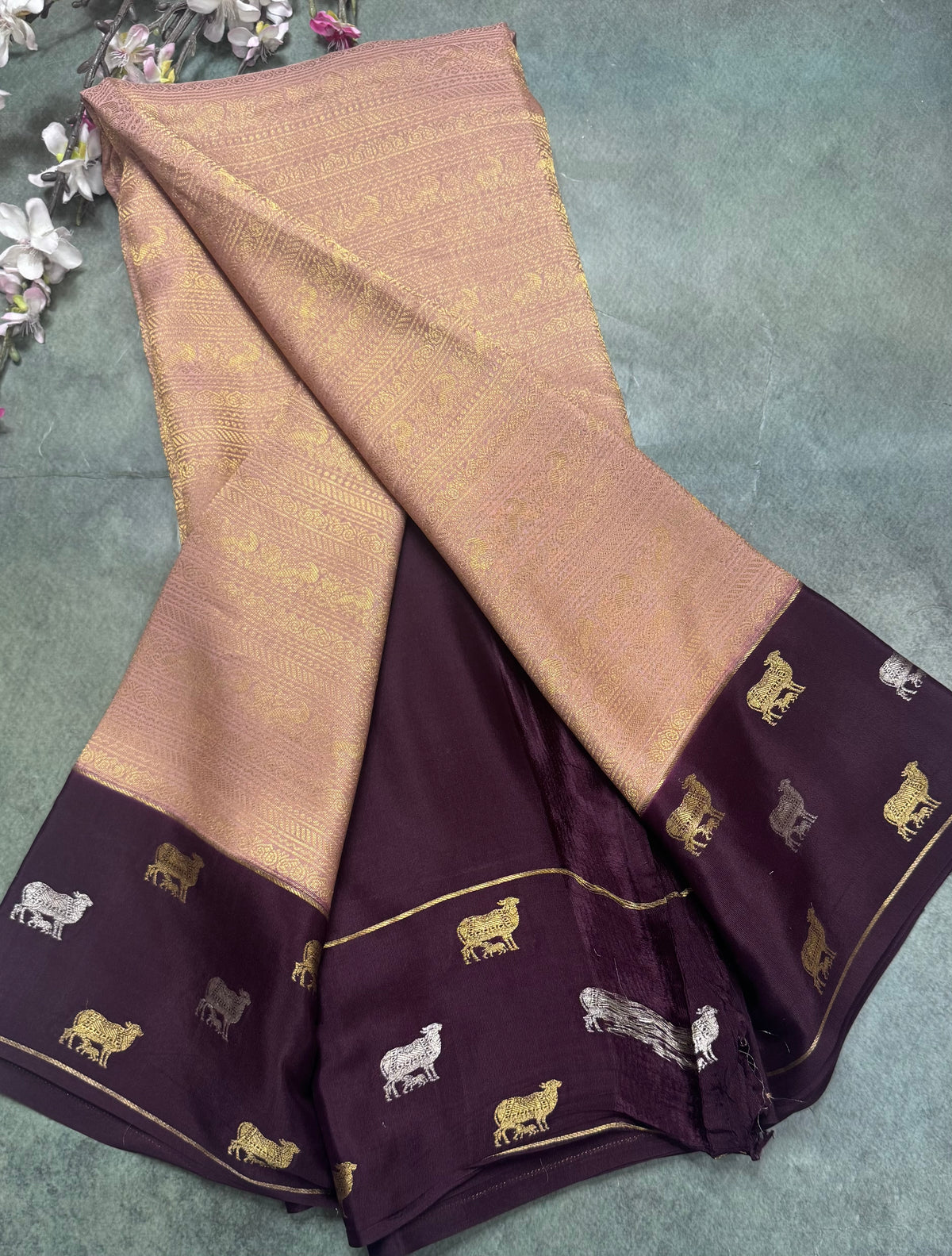 Peach Brocade Pure Mysore Crepe Silk Saree 111