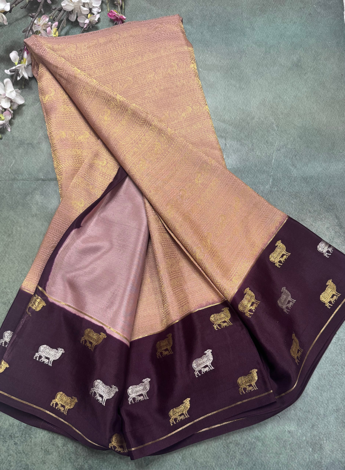 Peach Brocade Pure Mysore Crepe Silk Saree 111