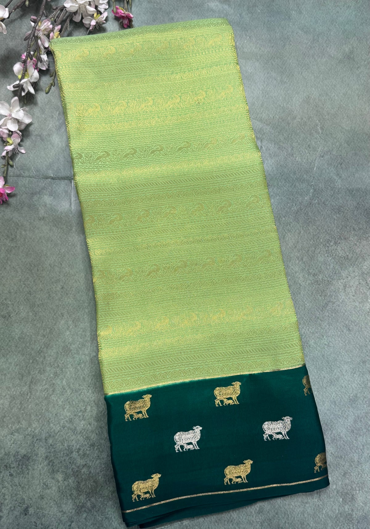 Pista green Brocade Pure Mysore Crepe Silk Saree 111