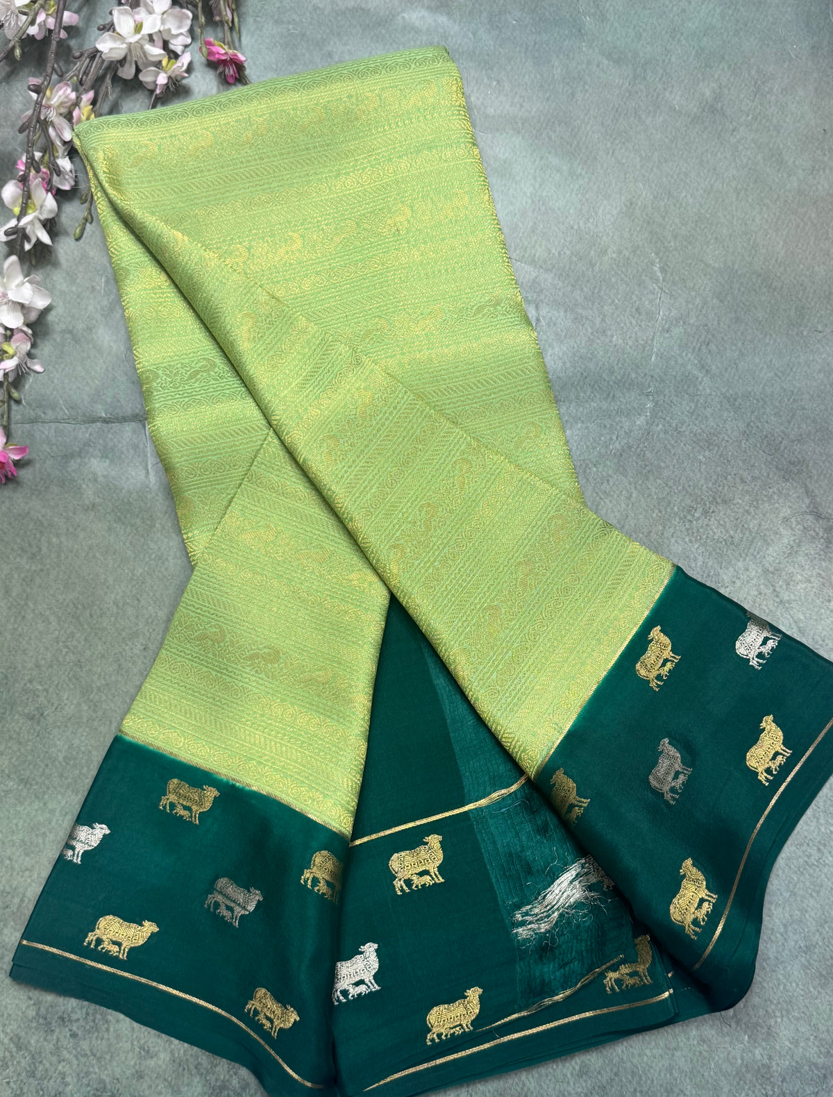 Pista green Brocade Pure Mysore Crepe Silk Saree 111