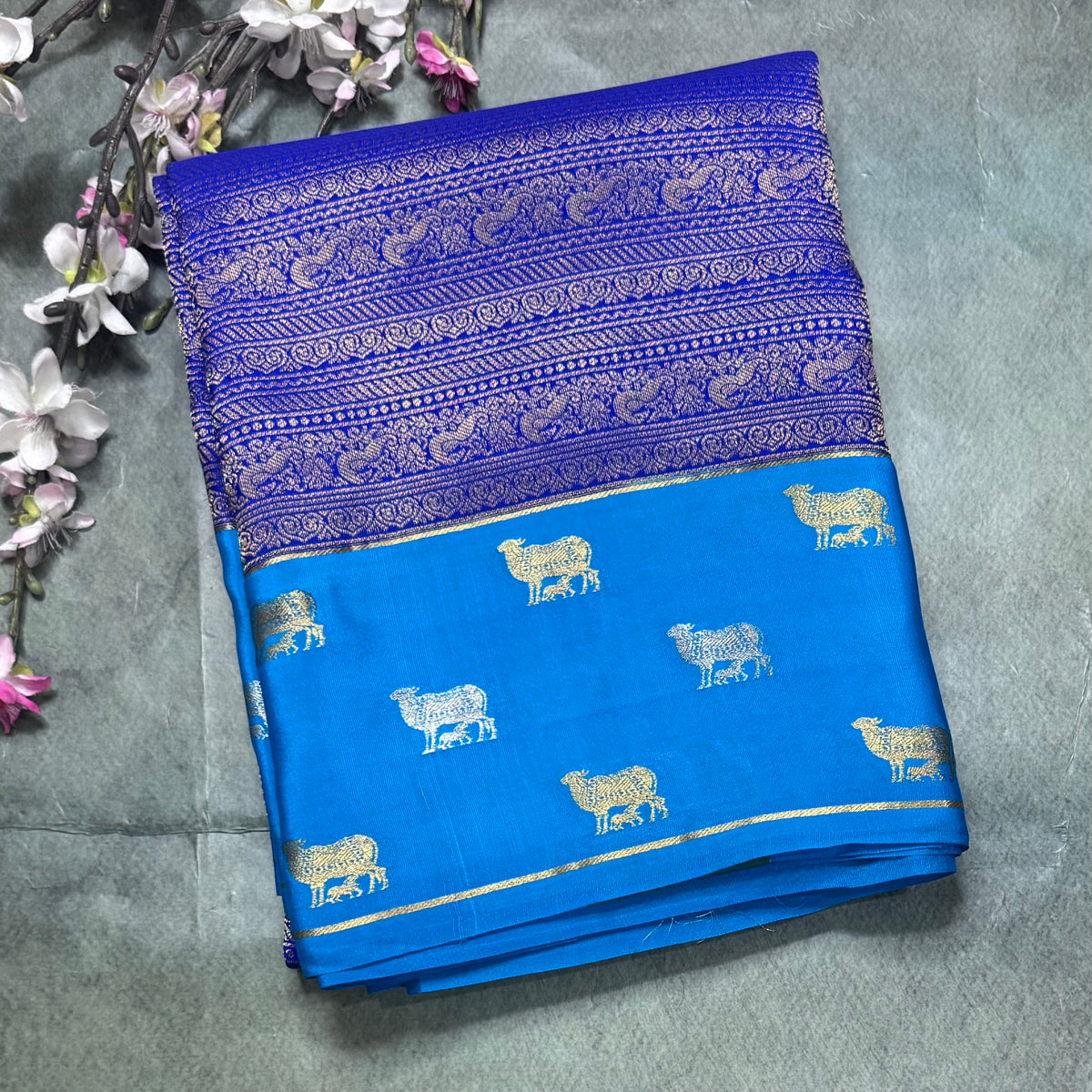 Royal blue Brocade Pure Mysore Crepe Silk Saree 111