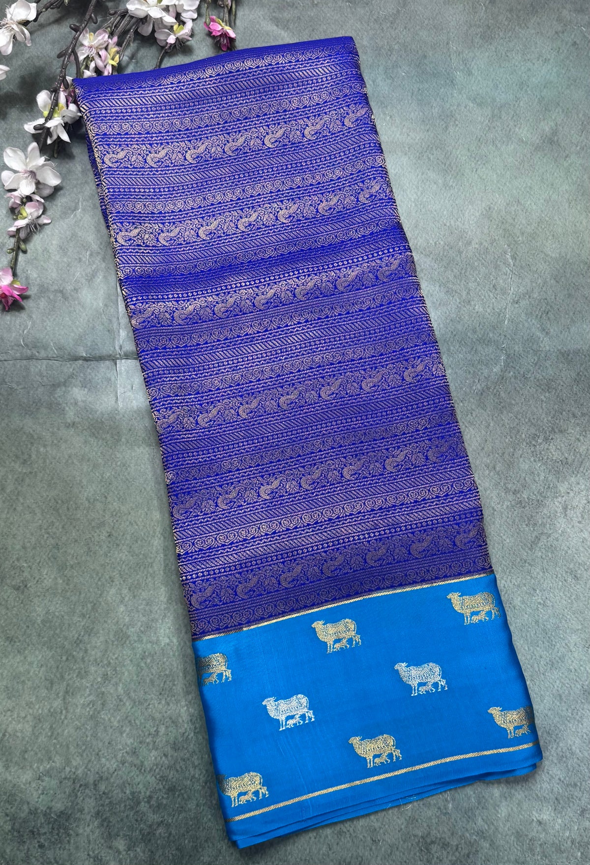 Royal blue Brocade Pure Mysore Crepe Silk Saree 111