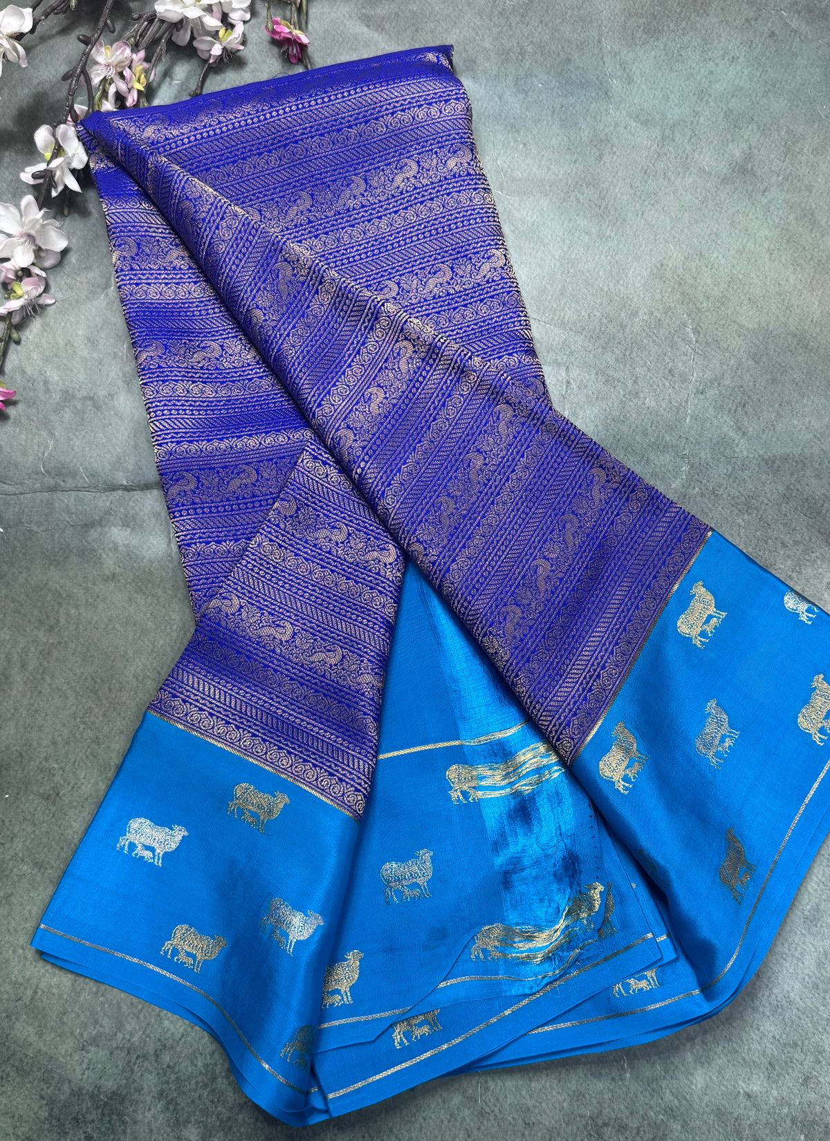 Royal blue Brocade Pure Mysore Crepe Silk Saree 111