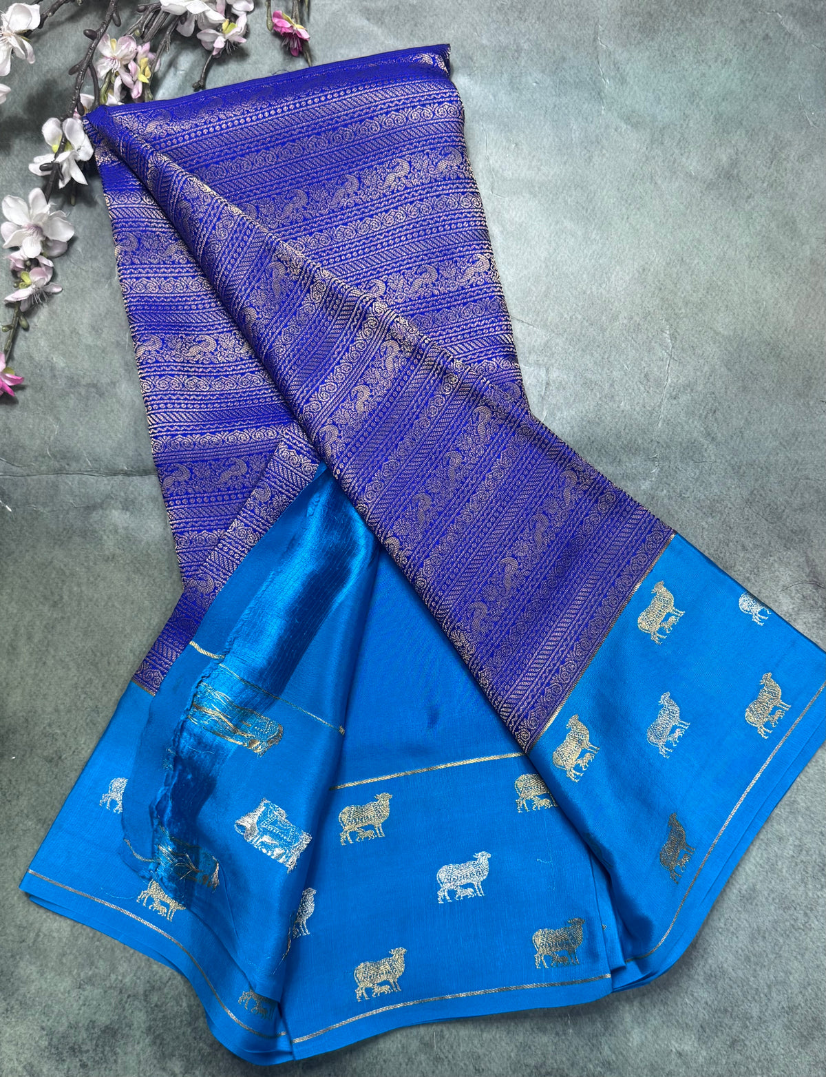 Royal blue Brocade Pure Mysore Crepe Silk Saree 111