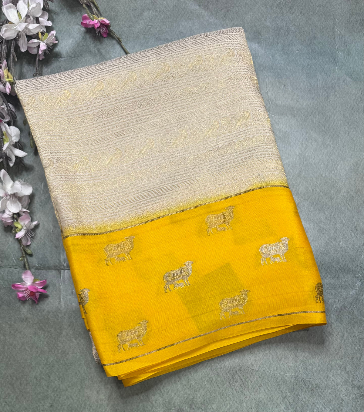 Cream Brocade Pure Mysore Crepe Silk Saree 111