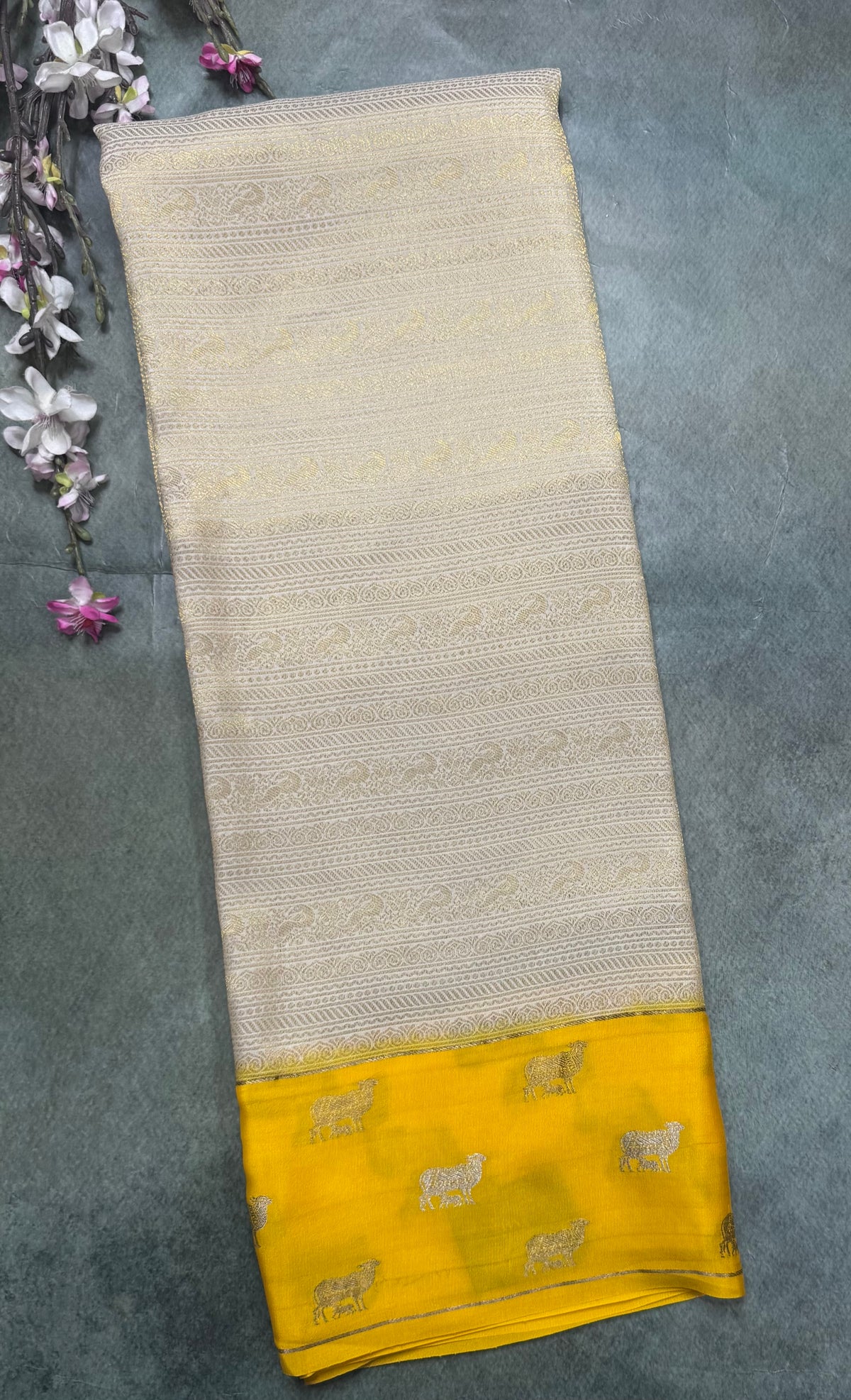 Cream Brocade Pure Mysore Crepe Silk Saree 111