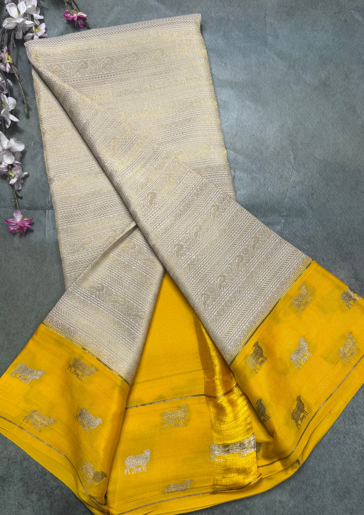 Cream Brocade Pure Mysore Crepe Silk Saree 111
