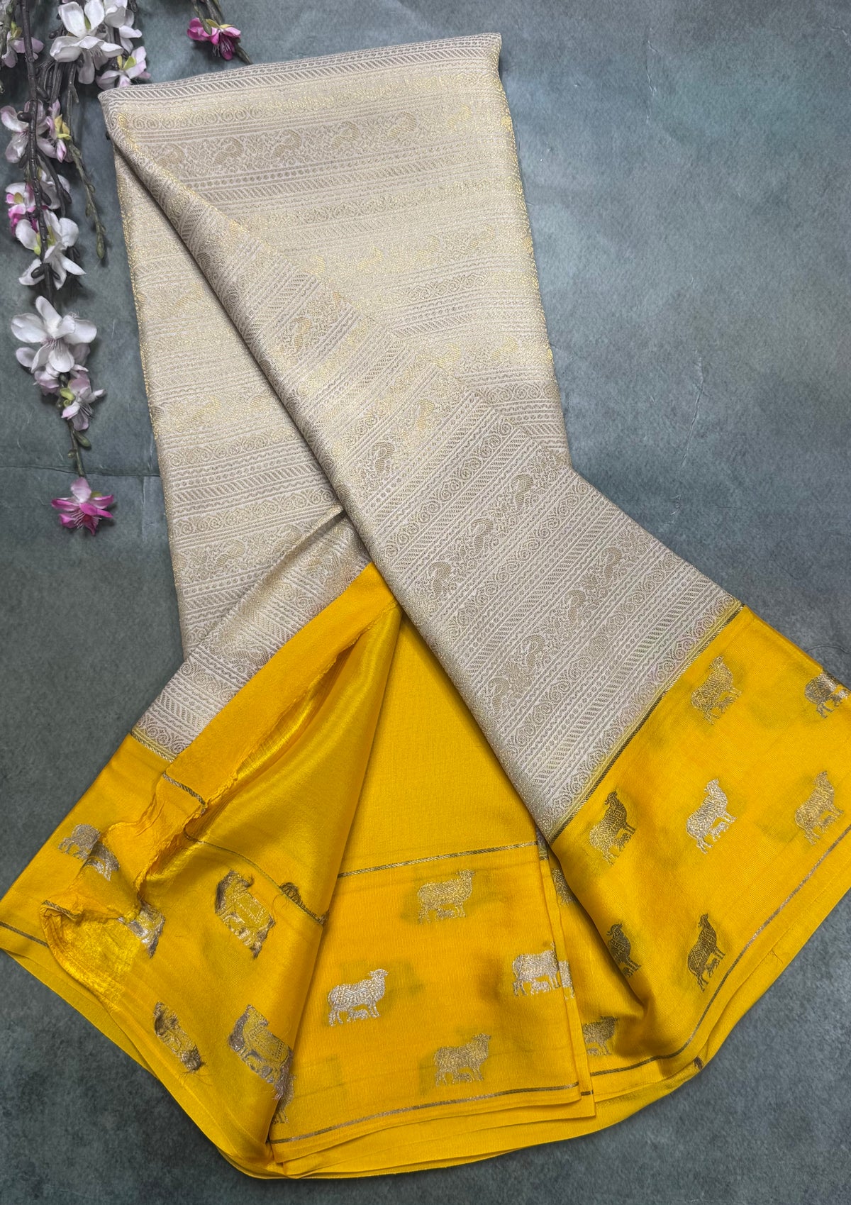 Cream Brocade Pure Mysore Crepe Silk Saree 111