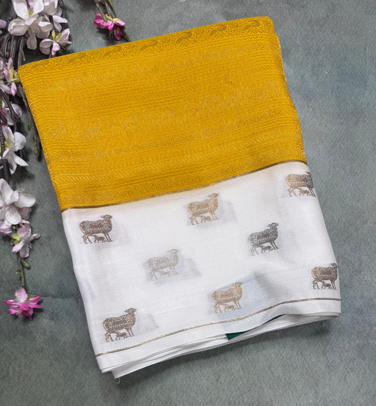 Yellow Brocade Pure Mysore Crepe Silk Saree 111