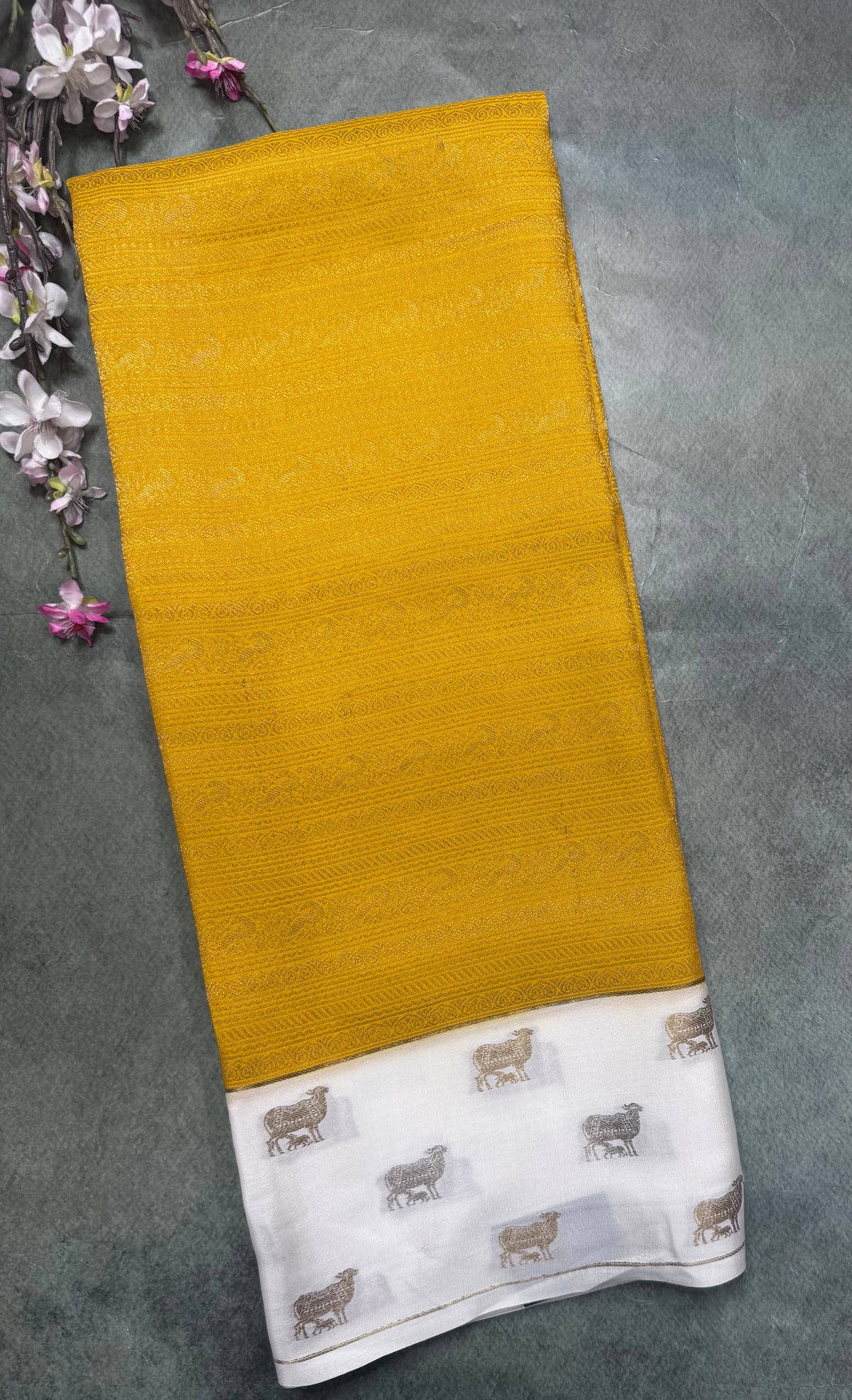 Yellow Brocade Pure Mysore Crepe Silk Saree 111