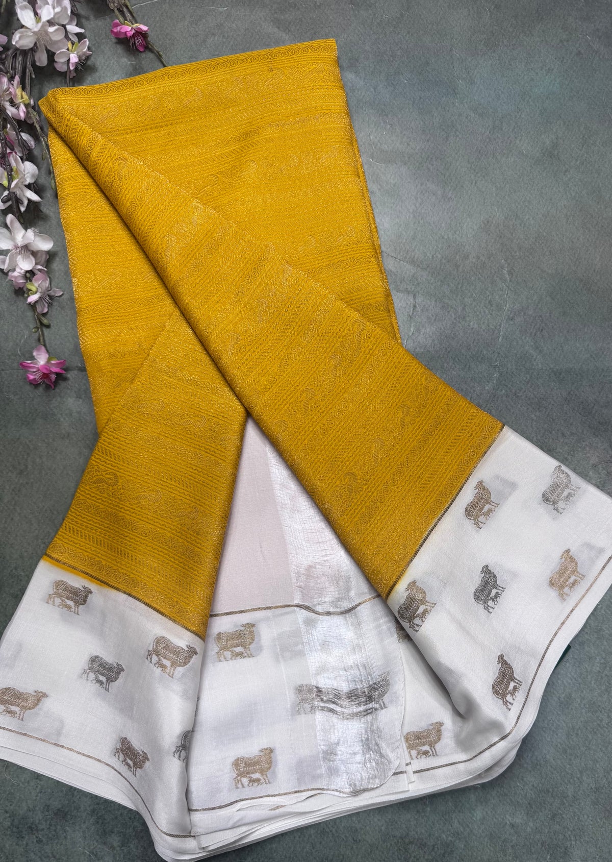 Yellow Brocade Pure Mysore Crepe Silk Saree 111