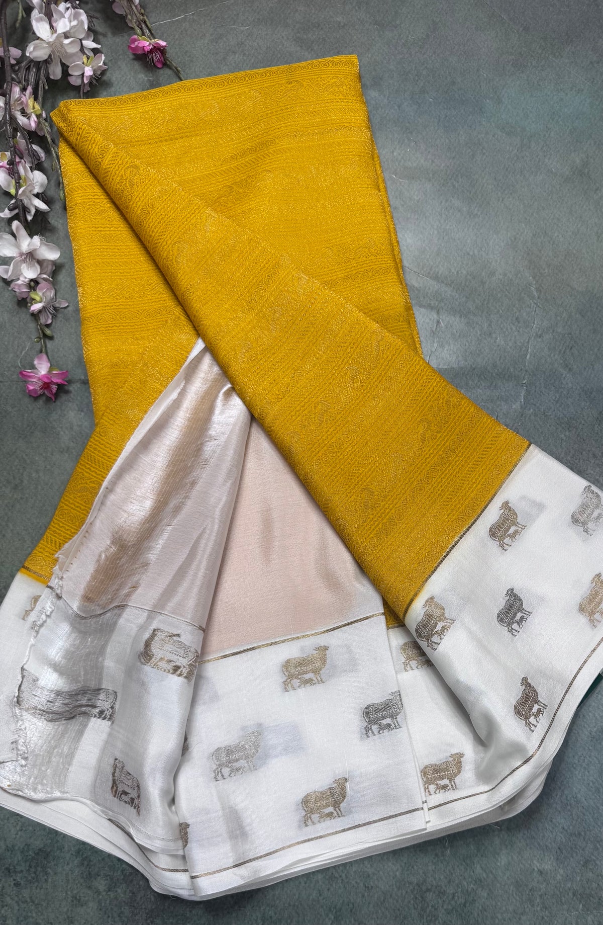 Yellow Brocade Pure Mysore Crepe Silk Saree 111