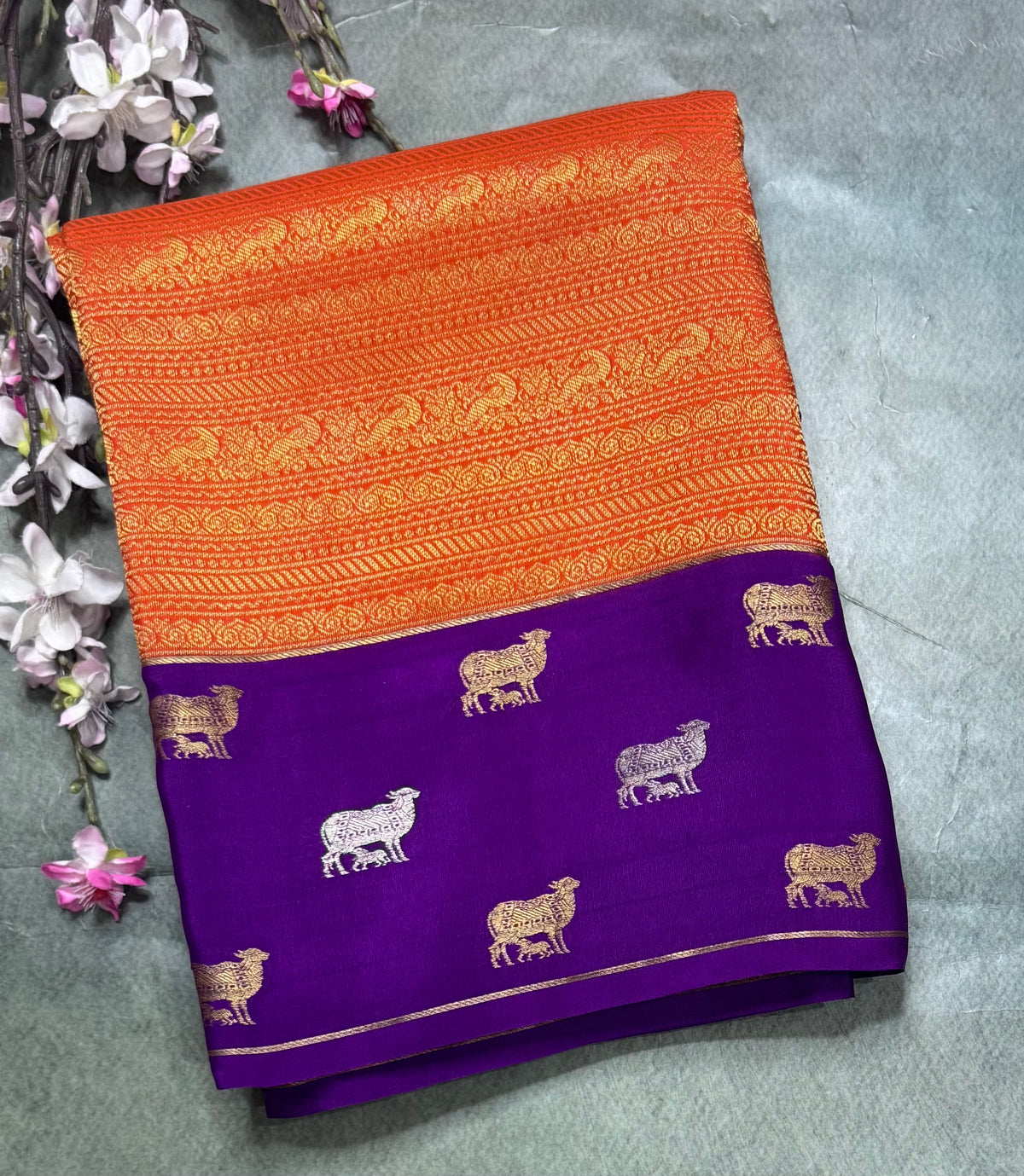 Orange Brocade Pure Mysore Crepe Silk Saree 111