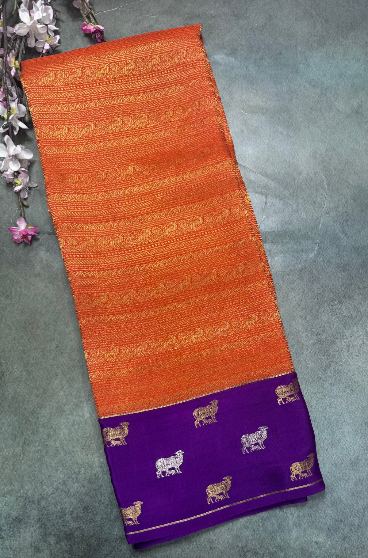 Orange Brocade Pure Mysore Crepe Silk Saree 111