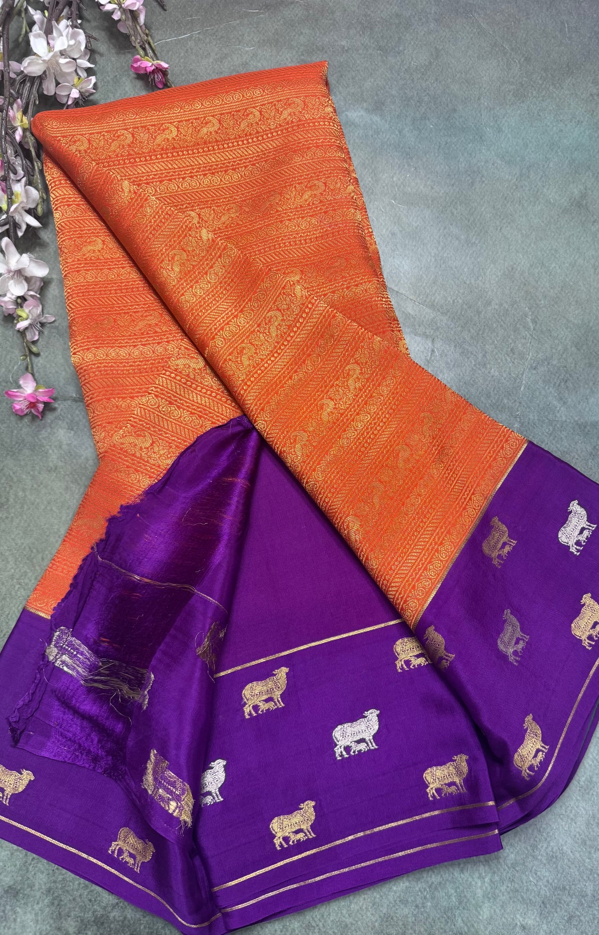Orange Brocade Pure Mysore Crepe Silk Saree 111