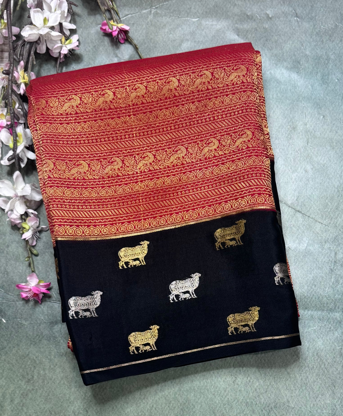 Red Brocade Pure Mysore Crepe Silk Saree 111
