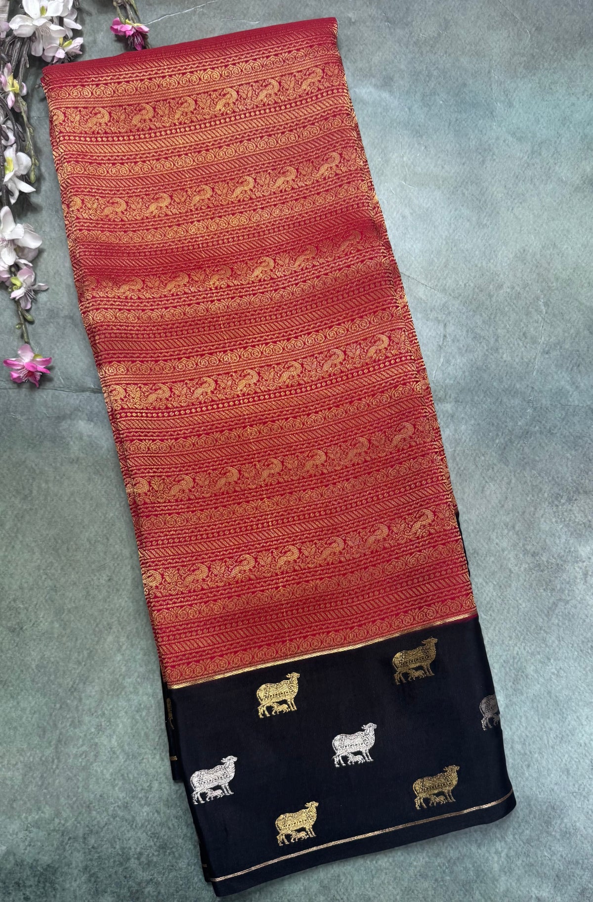 Red Brocade Pure Mysore Crepe Silk Saree 111