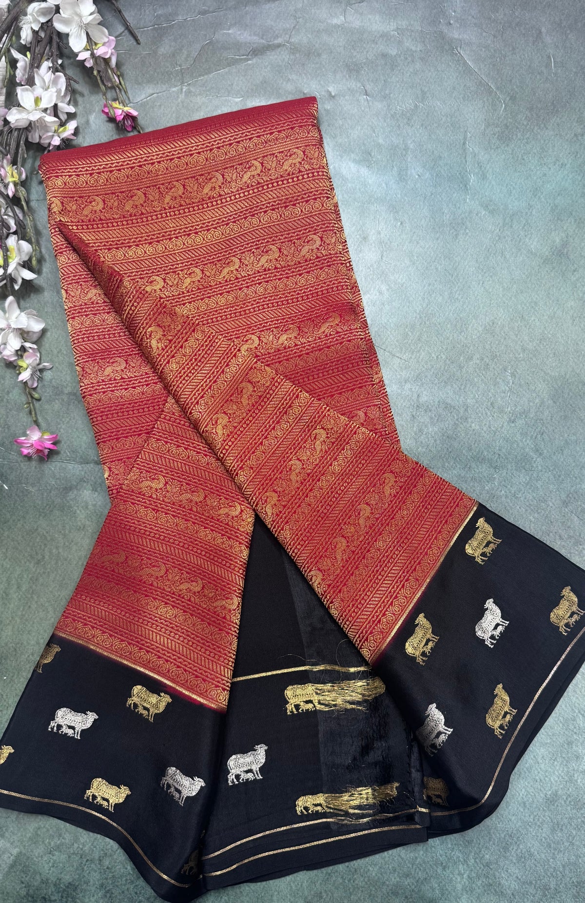 Red Brocade Pure Mysore Crepe Silk Saree 111