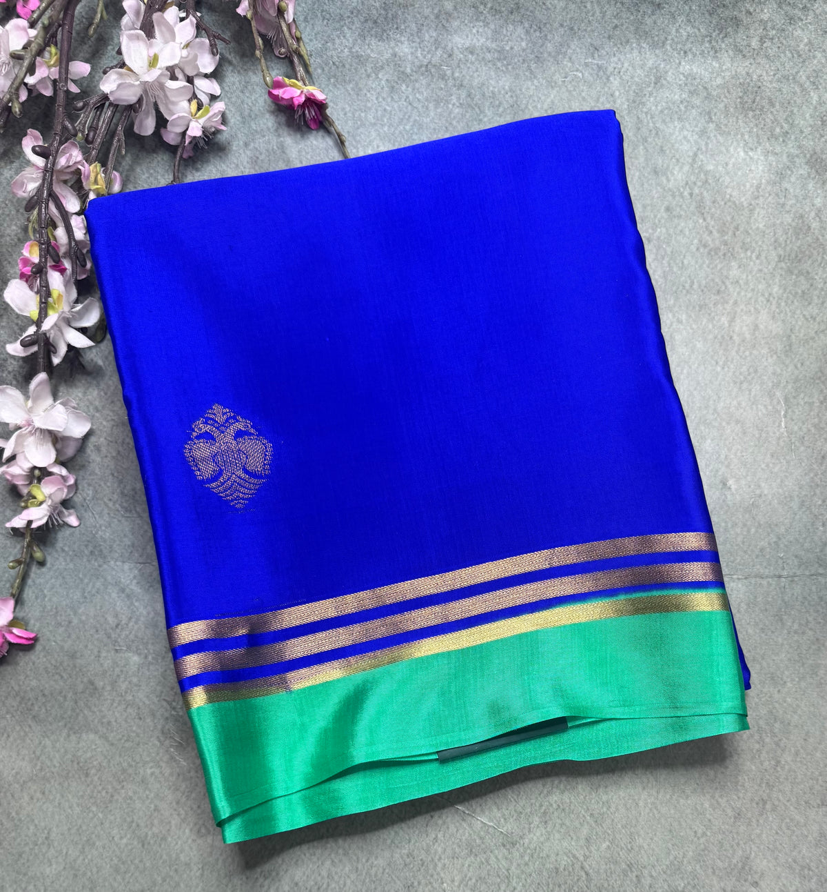 Royal blue n green Pure Mysore Crepe Silk Saree 111