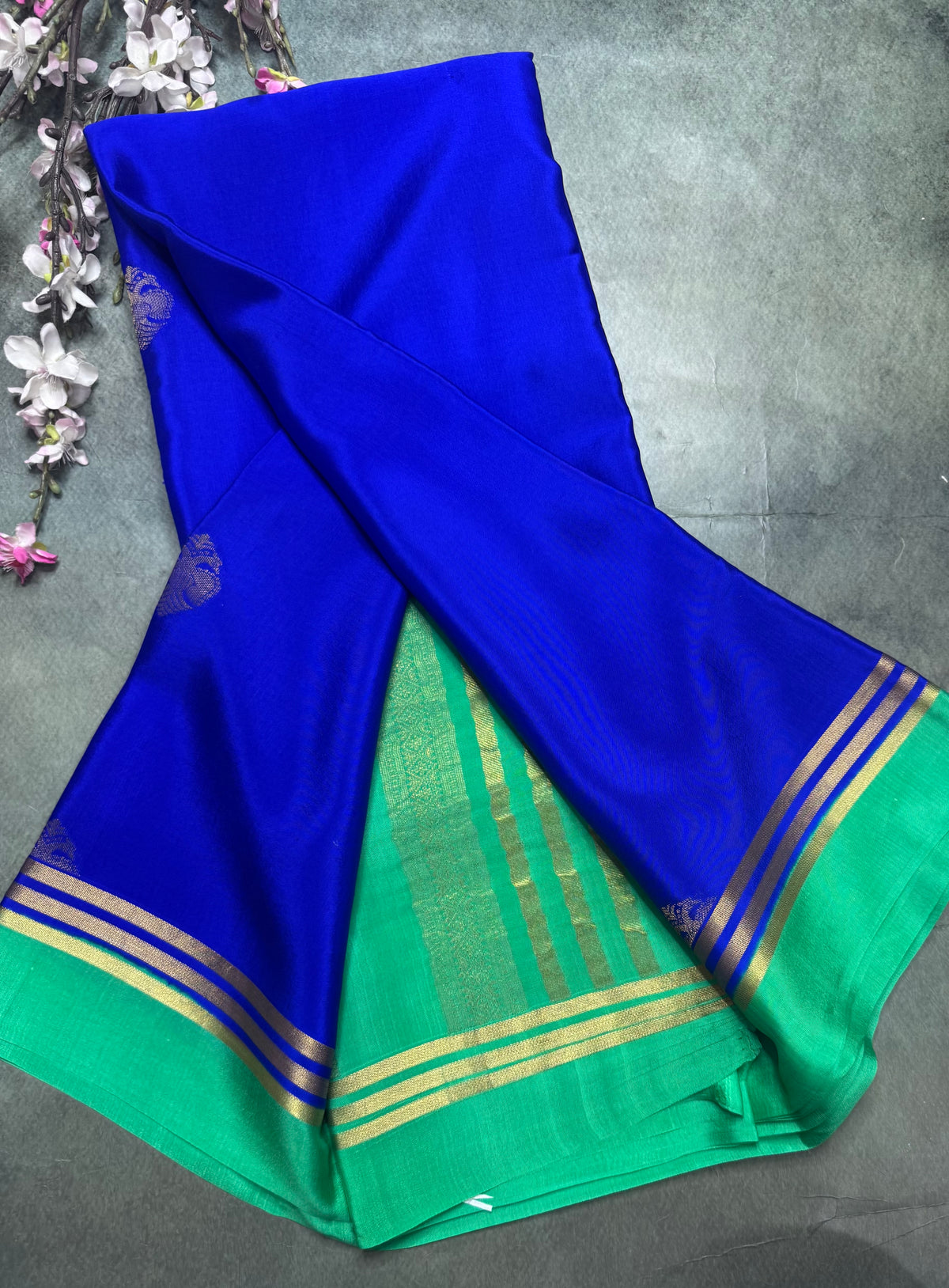 Royal blue n green Pure Mysore Crepe Silk Saree 111