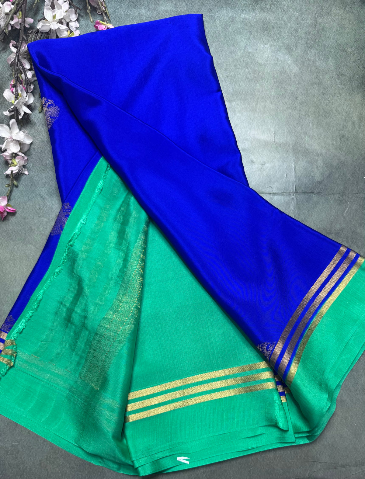 Royal blue n green Pure Mysore Crepe Silk Saree 111
