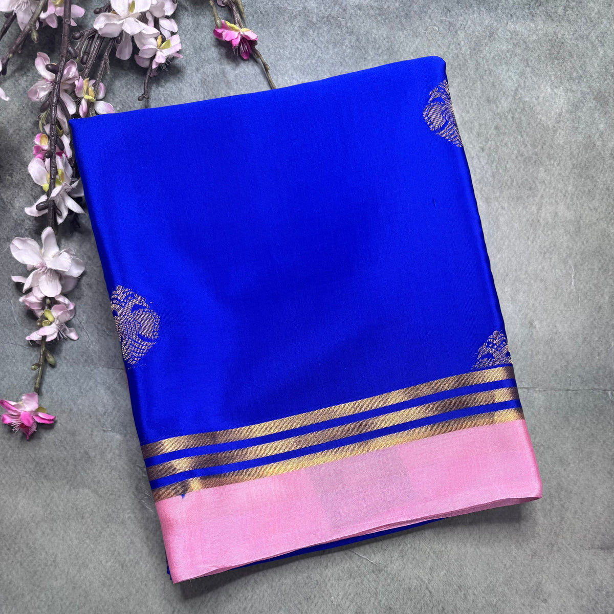 Royal blue n pastel pink Pure Mysore Crepe Silk Saree 111