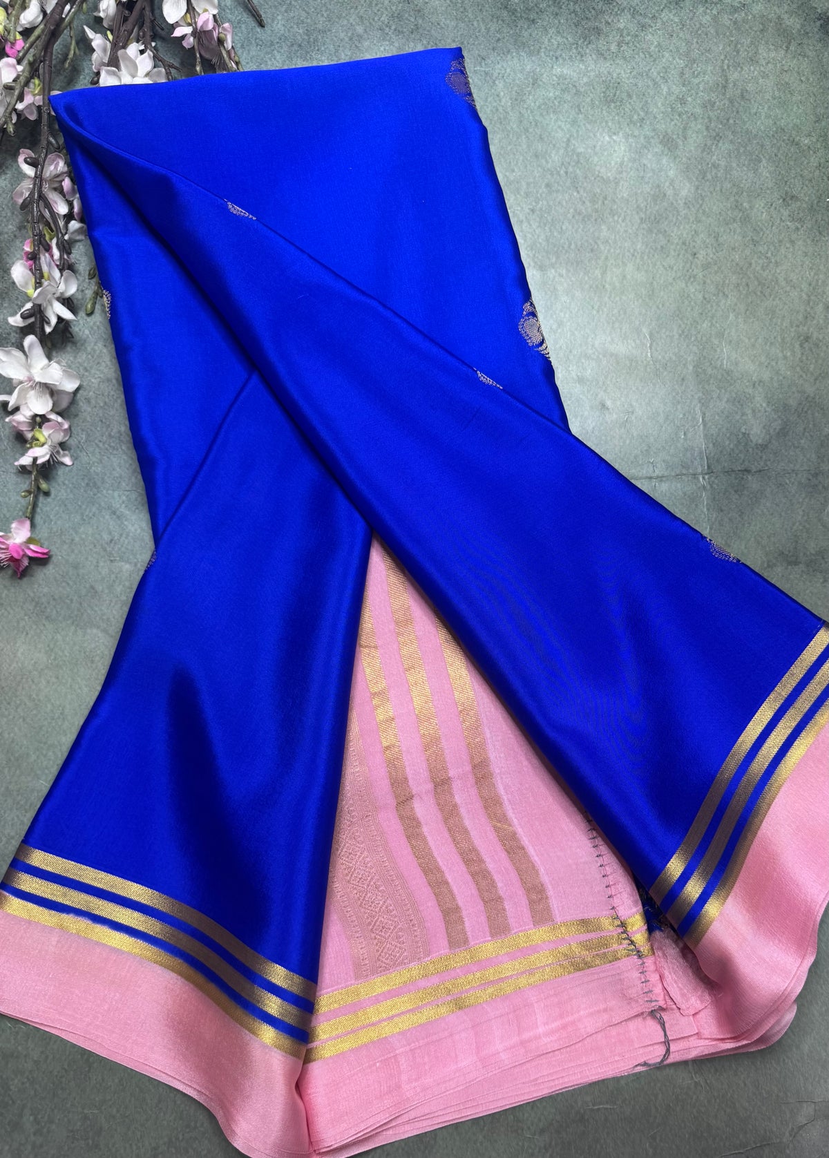 Royal blue n pastel pink Pure Mysore Crepe Silk Saree 111