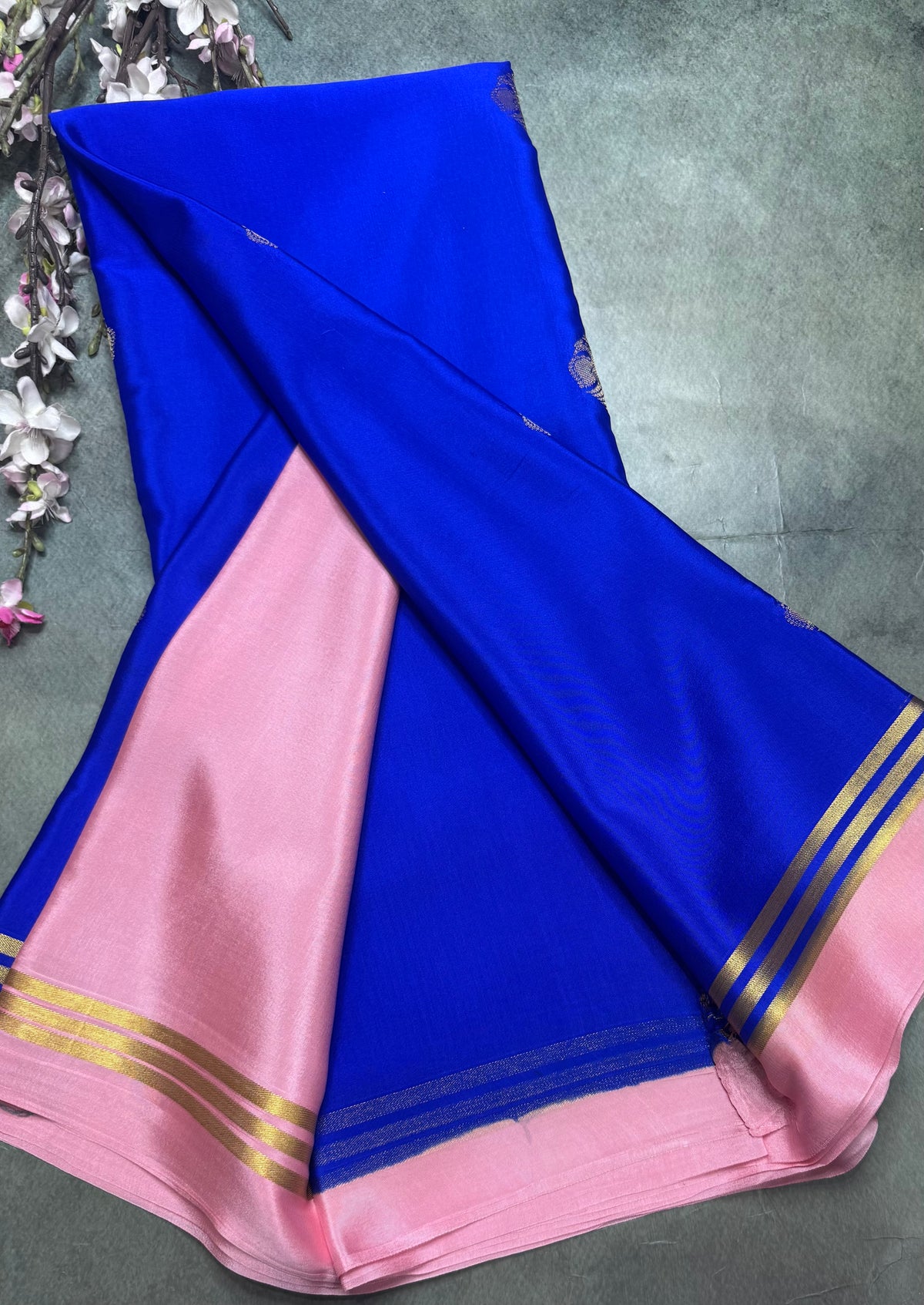 Royal blue n pastel pink Pure Mysore Crepe Silk Saree 111