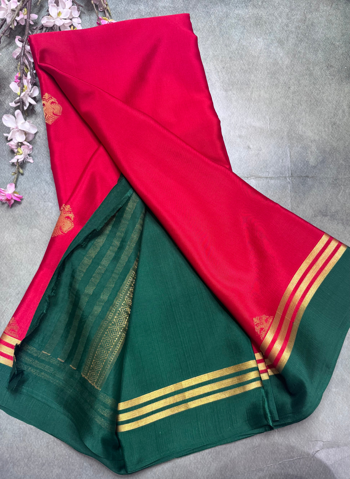 Red n green Pure Mysore Crepe Silk Saree 111