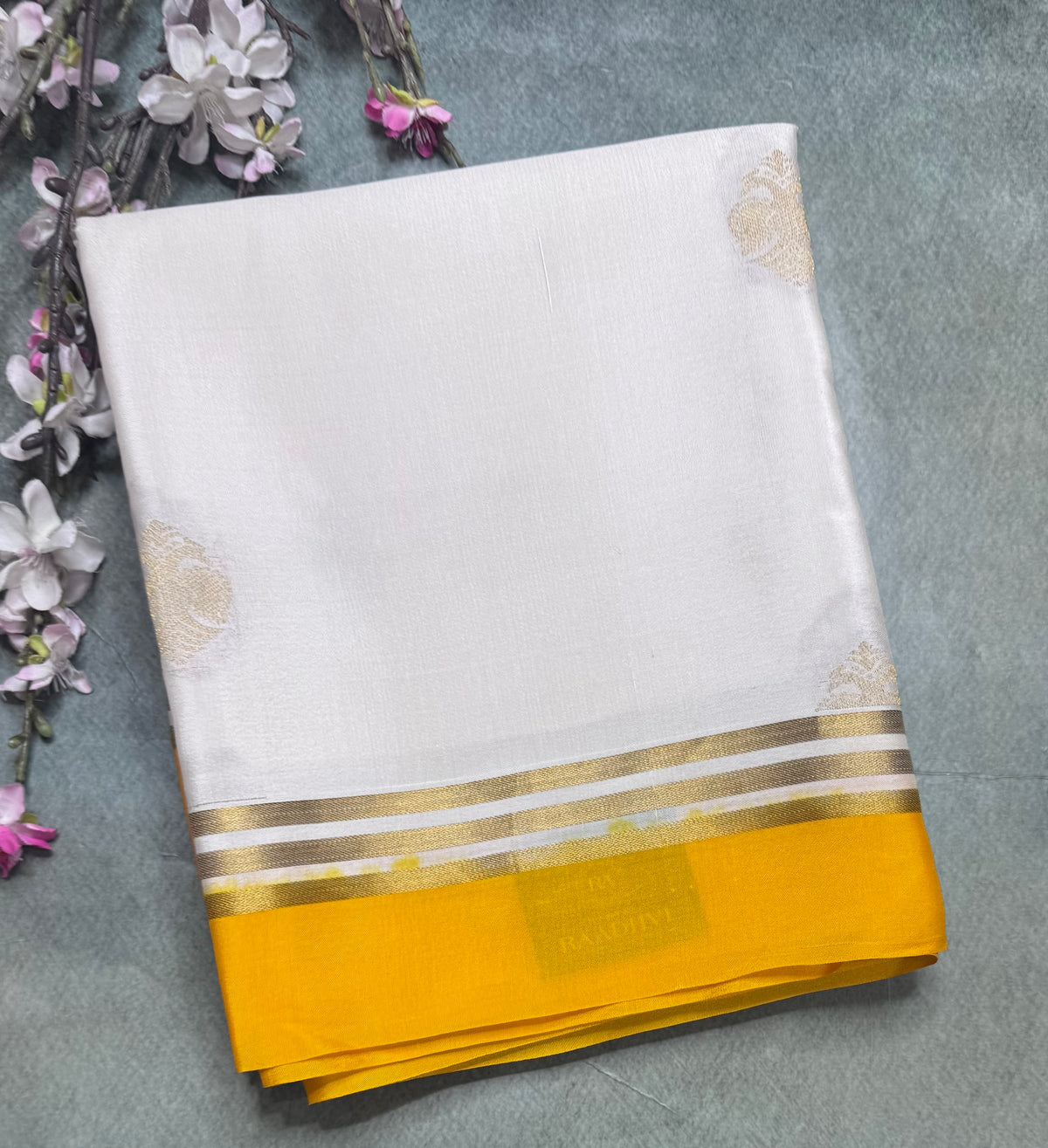 White n yellow Pure Mysore Crepe Silk Saree 111