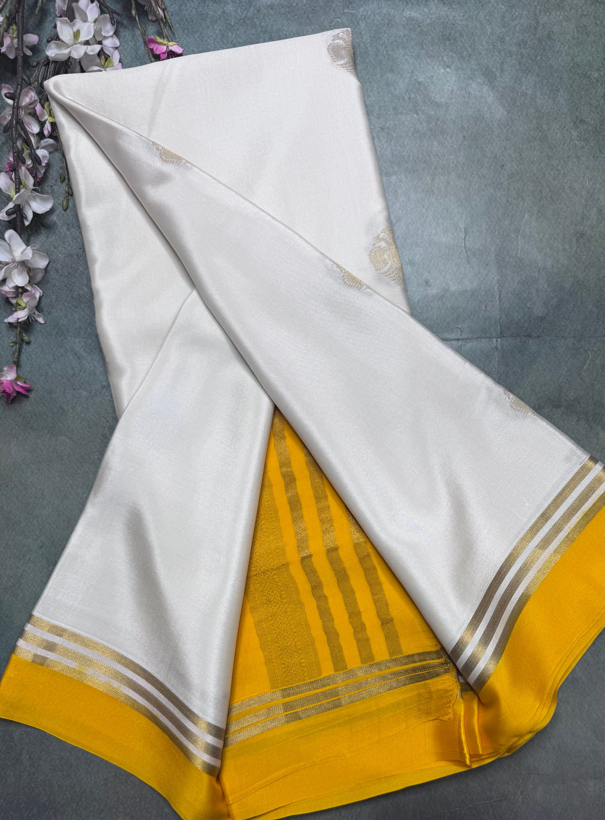 White n yellow Pure Mysore Crepe Silk Saree 111