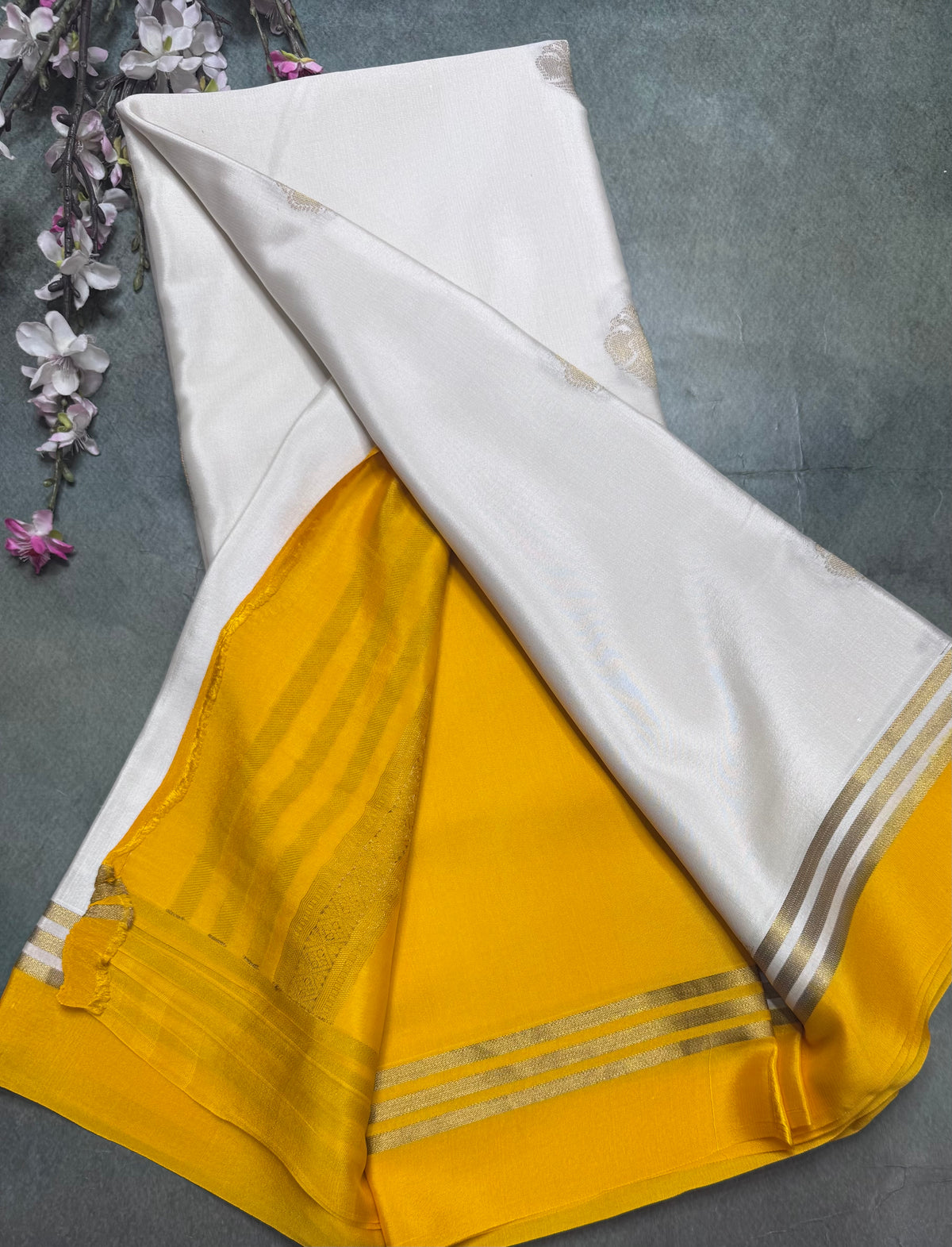 White n yellow contrast Pure Mysore Crepe Silk Saree 111