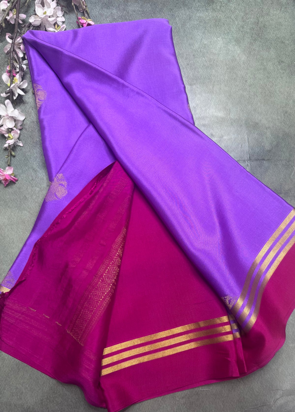 Violet n pink contrast Pure Mysore Crepe Silk Saree 111