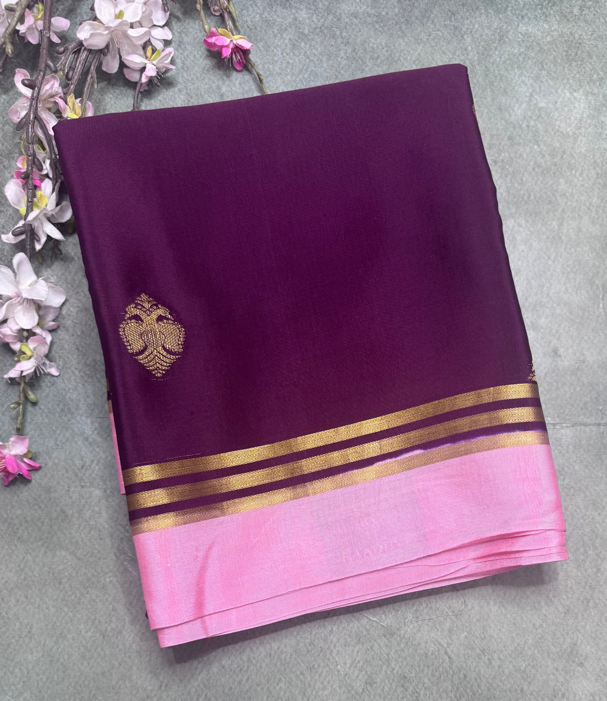 Wine n pastel pink Pure Mysore Crepe Silk Saree 111