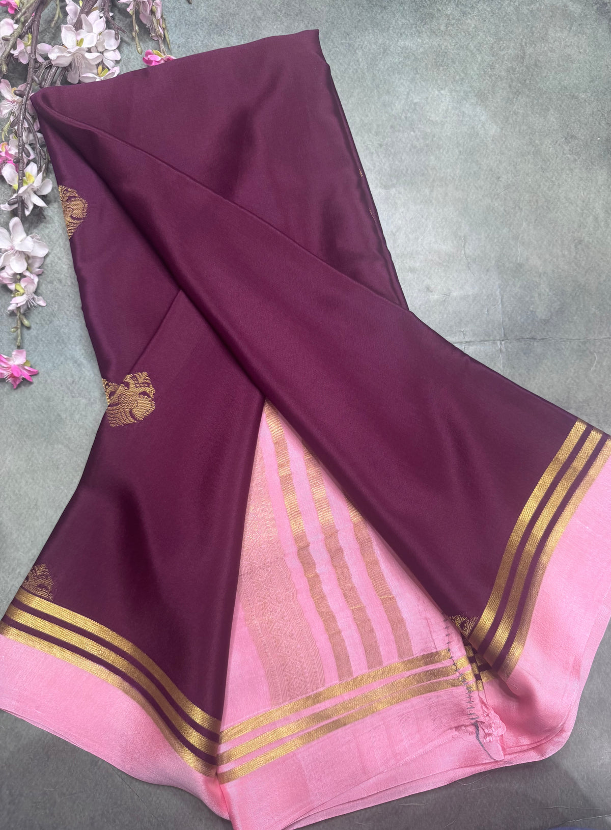 Wine n pastel pink Pure Mysore Crepe Silk Saree 111