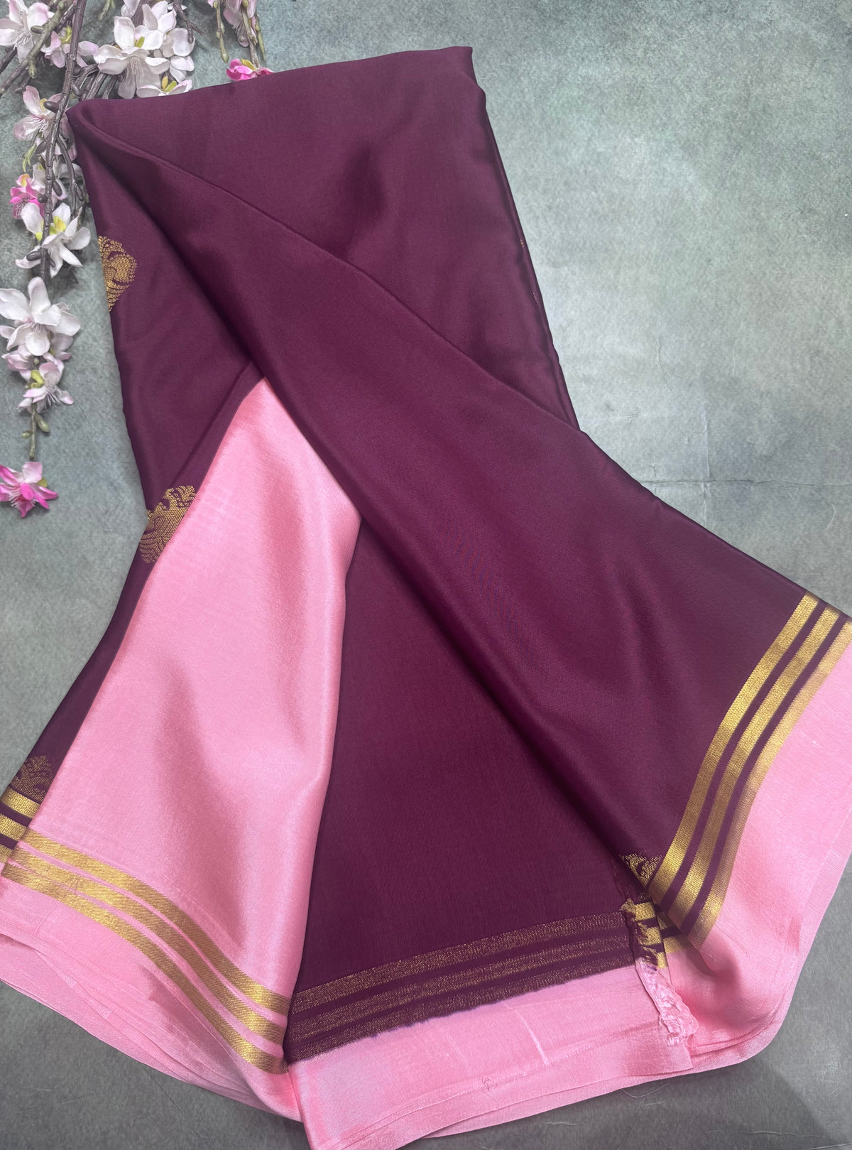 Wine n pastel pink Pure Mysore Crepe Silk Saree 111