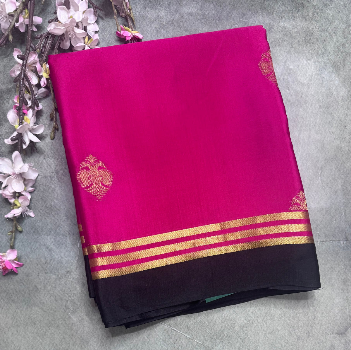 Rani pink n black Pure Mysore Crepe Silk Saree 111