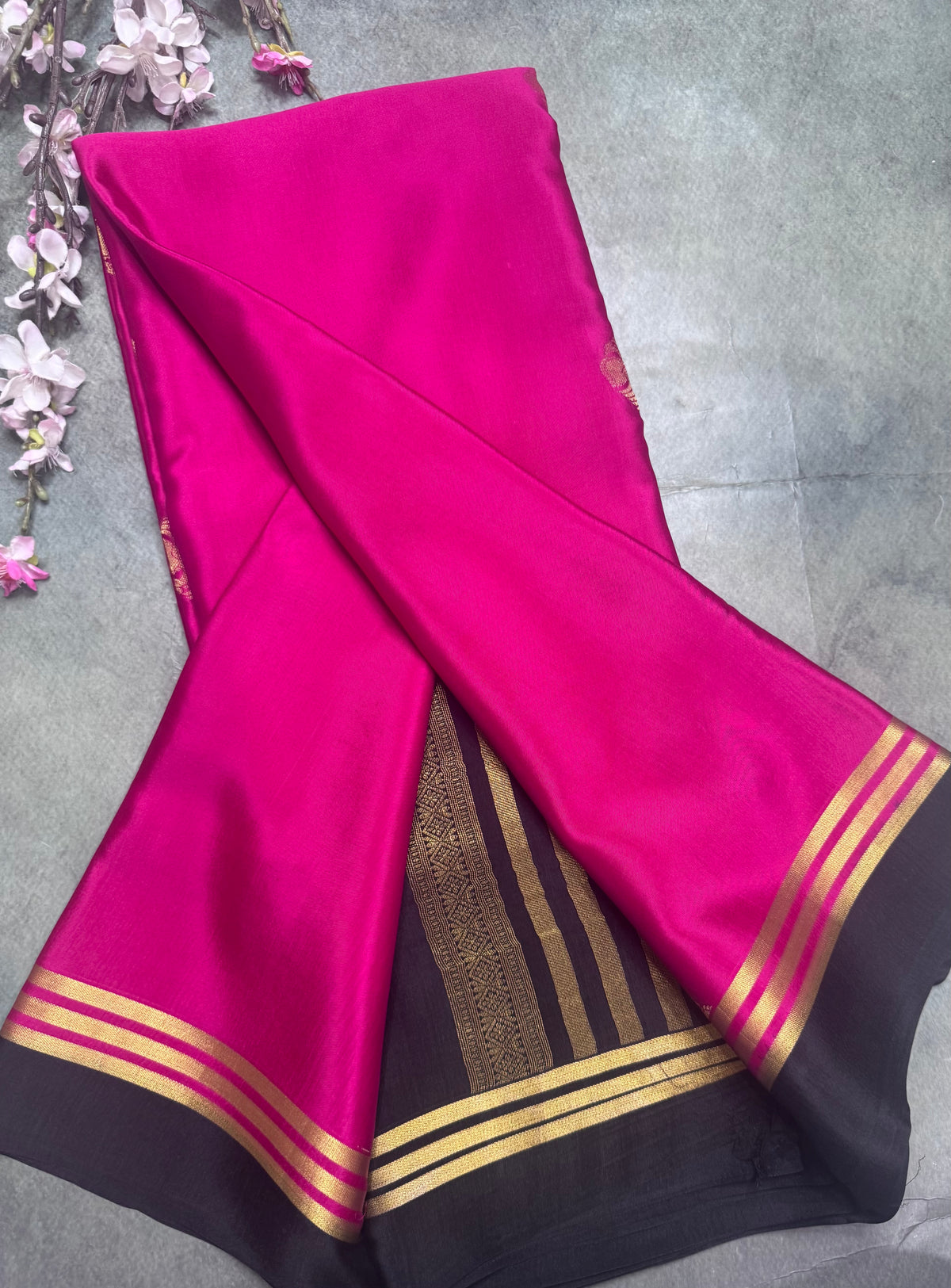 Rani pink n black Pure Mysore Crepe Silk Saree 111