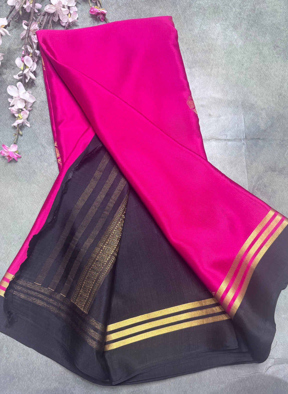 Rani pink n black Pure Mysore Crepe Silk Saree 111