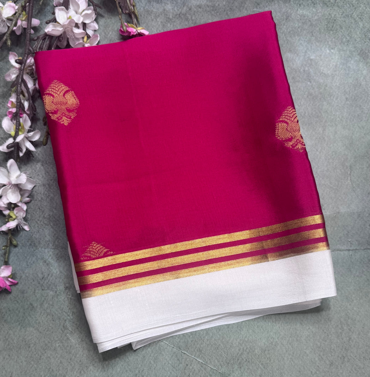 Rani pink n white Pure Mysore Crepe Silk Saree 111