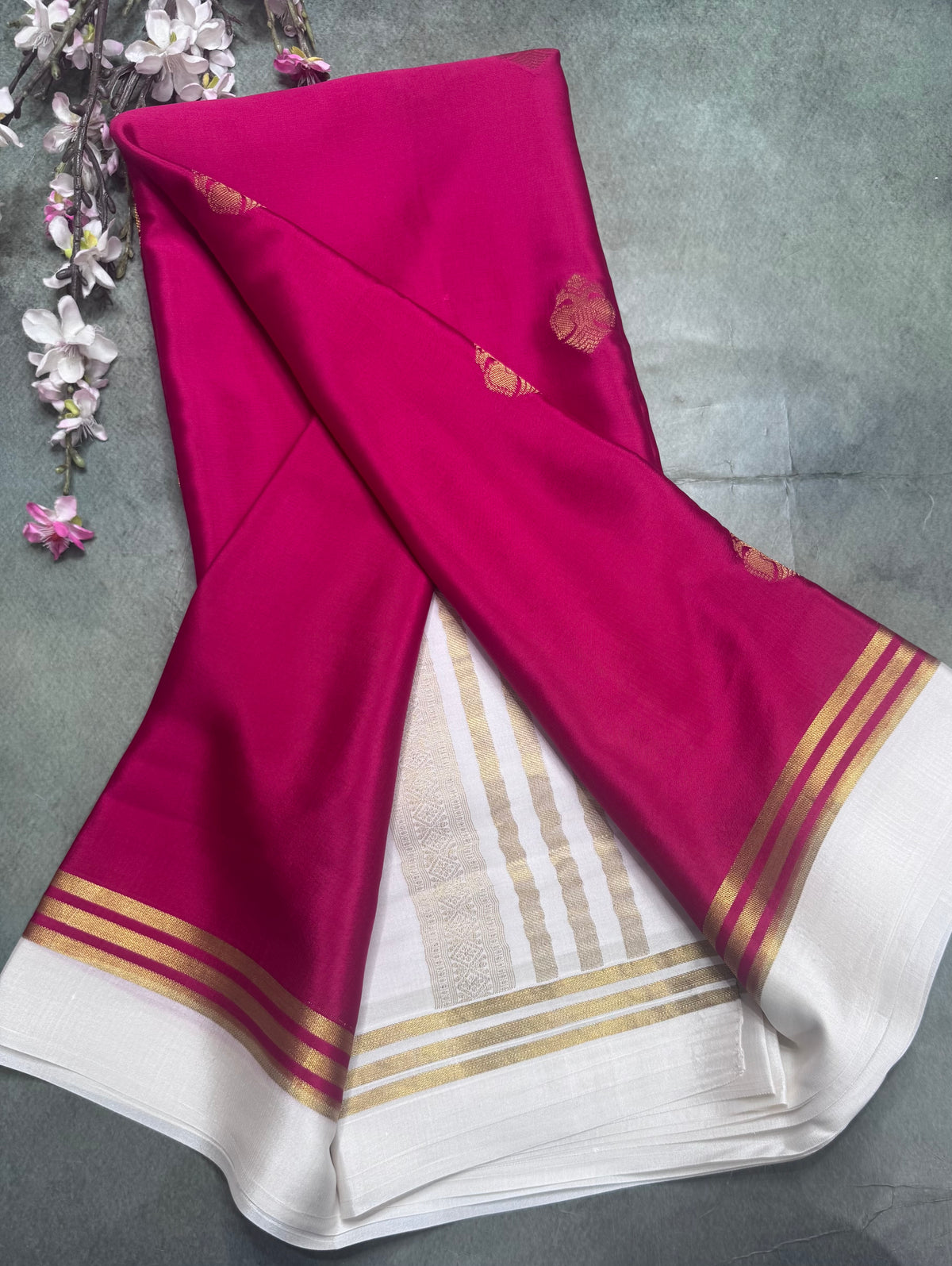Rani pink n white Pure Mysore Crepe Silk Saree 111