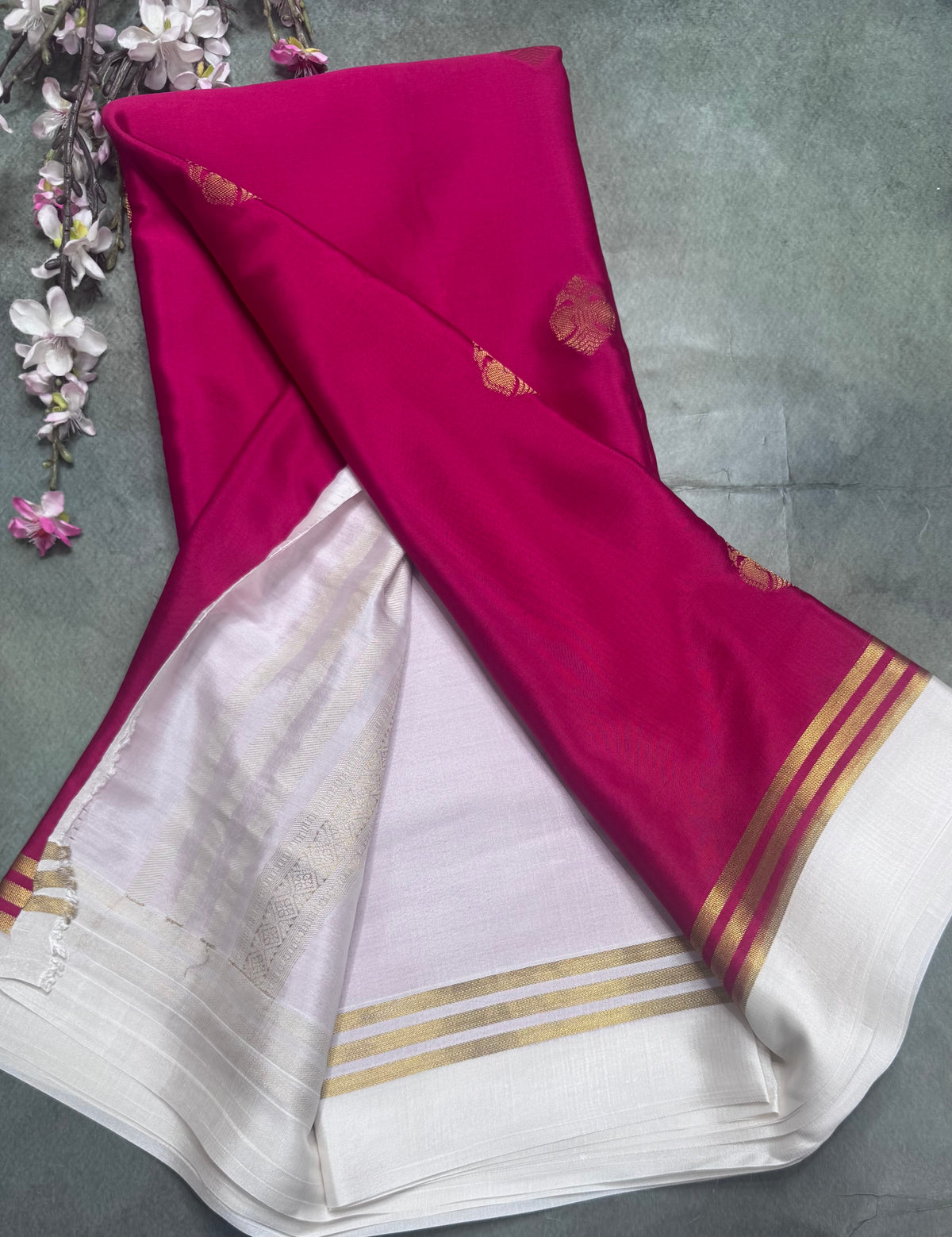 Rani pink n white Pure Mysore Crepe Silk Saree 111