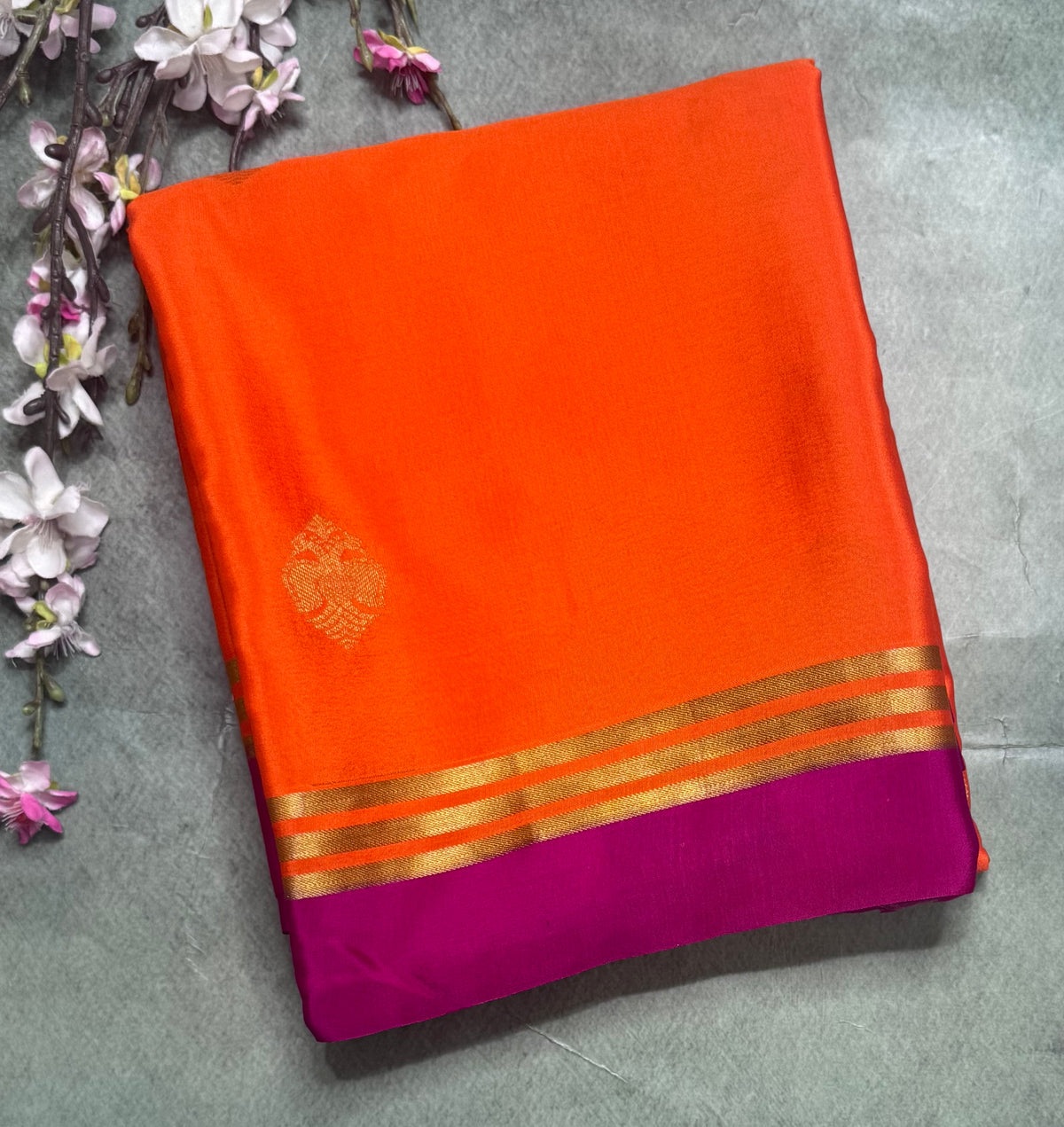 Orange n pink Pure Mysore Crepe Silk Saree 111