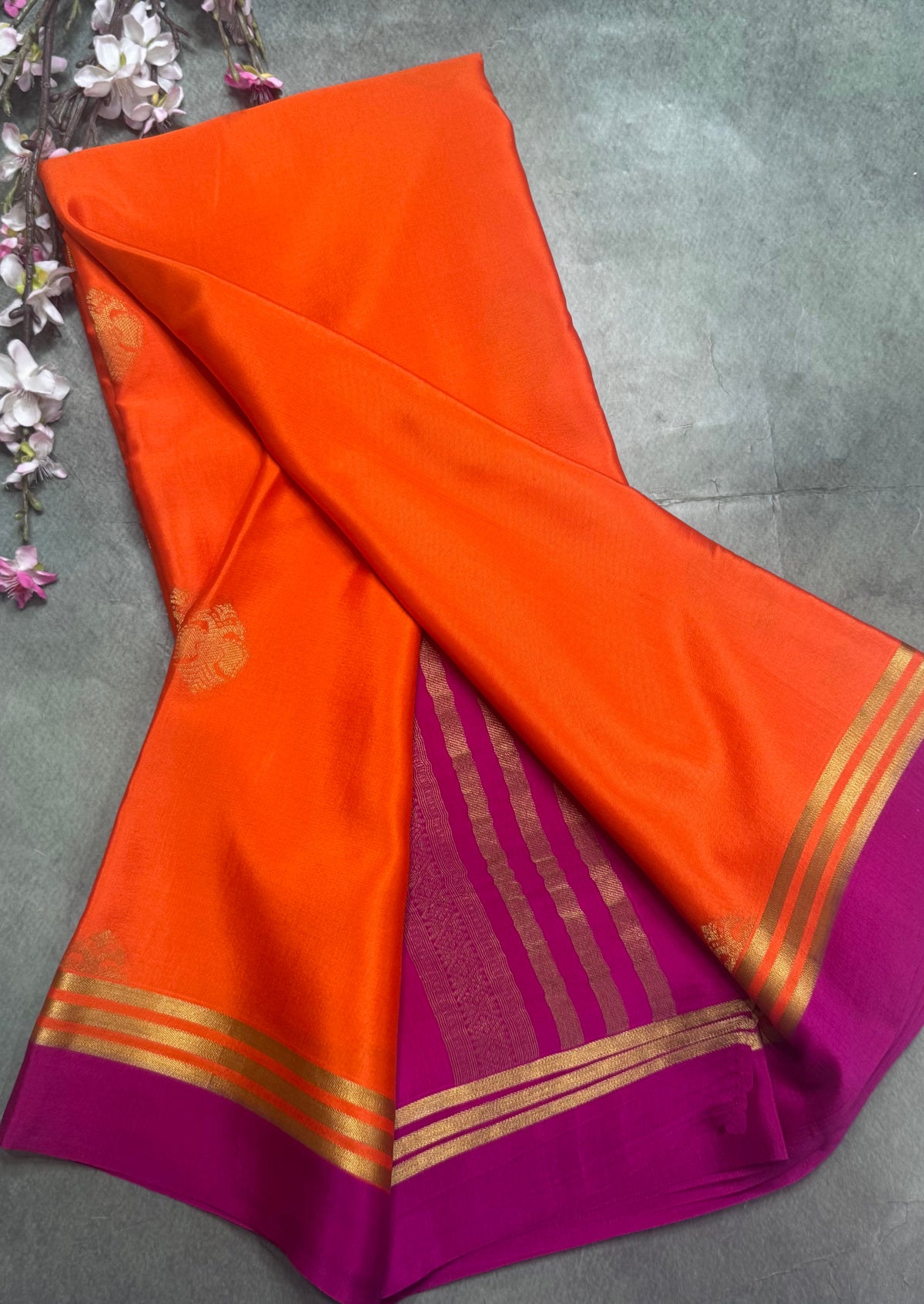Orange n pink Pure Mysore Crepe Silk Saree 111