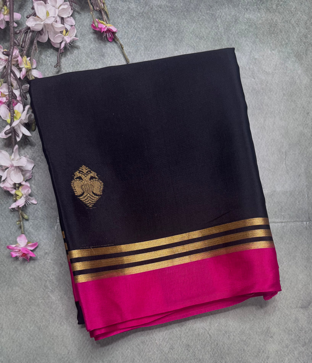 Black n pink Pure Mysore Crepe Silk Saree 111